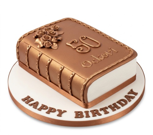 Bronze book-shaped birthday cake with edible roses and custom age.