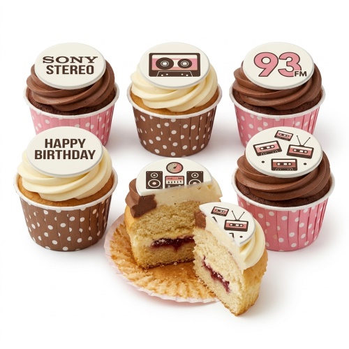 Six cupcakes with retro music themed edible toppers, including cassette tapes, a boombox, "Sony Stereo", "93 FM", and "Happy Birthday".