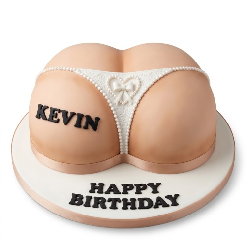 3D sculpted bottom cake with white lace underwear, personalised name, and "Happy Birthday" message.