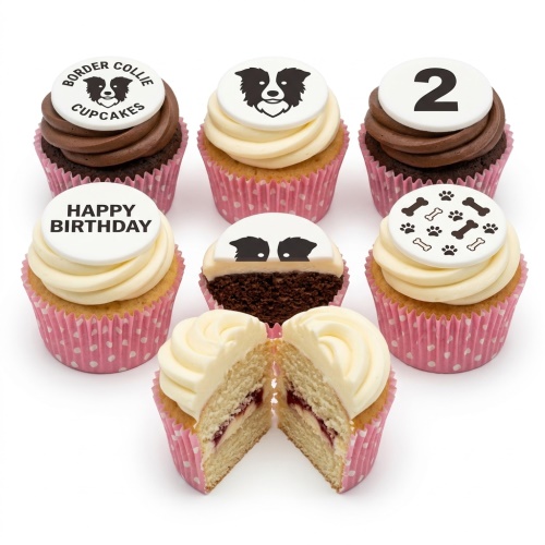 A set of Border Collie themed birthday cupcakes with dog illustrations, paw prints, bones, and a custom age topper.