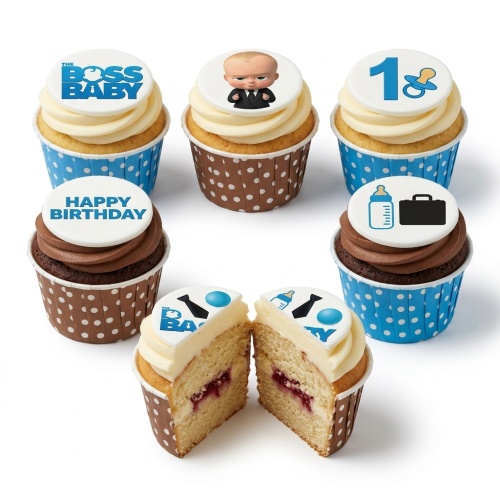 Boss Baby themed cupcakes with character, logo, and baby item toppers in blue and brown cases.