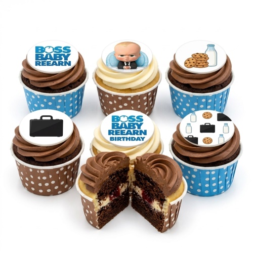 Set of Boss Baby Reearn themed cupcakes with chocolate and vanilla frosting, featuring Boss Baby character, briefcase, and milk and cookies toppers.