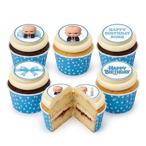 Set of Boss Baby themed cupcakes with blue polka dot wrappers, white frosting, and edible toppers featuring Boss Baby, a blue bow, and a blue birthday candle.