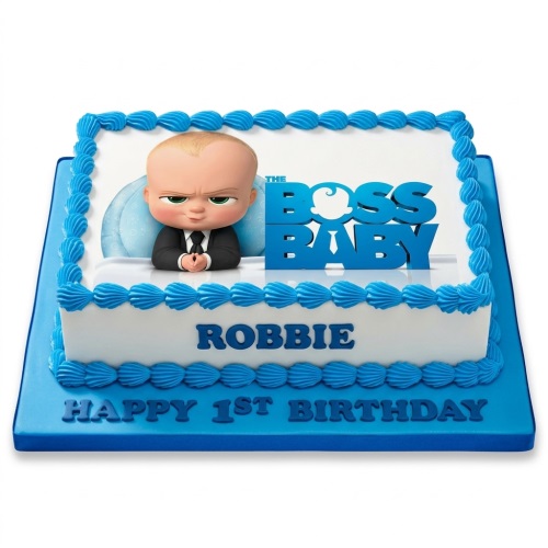 Rectangular Boss Baby 1st birthday cake with blue piping and personalised name.