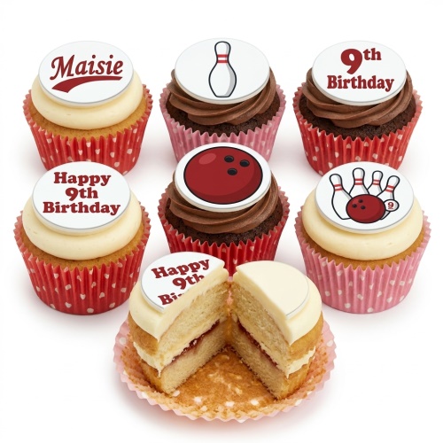 Assortment of bowling themed birthday cupcakes with edible toppers, featuring bowling pins, balls, and custom age/name examples.
