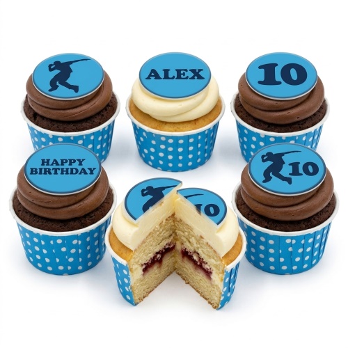 Six sports themed cupcakes with blue and white polka dot cases, custom age, name, and message toppers.