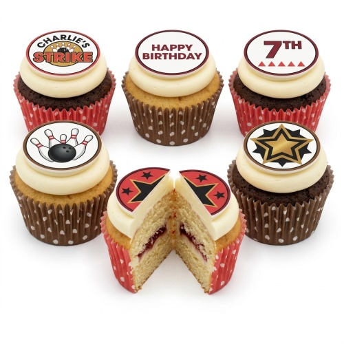 Bowling themed birthday cupcakes with white frosting, custom age and name toppers, and star decorations.