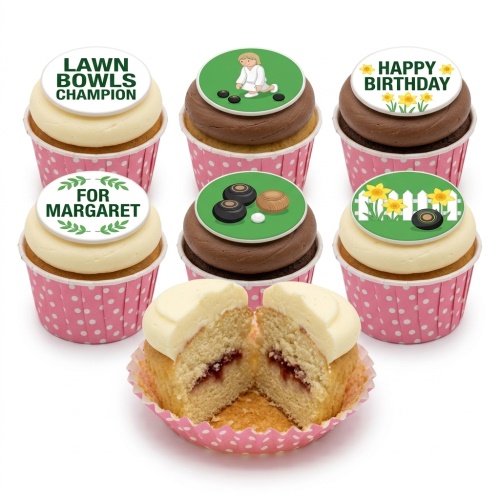 Six Lawn Bowls themed cupcakes with edible toppers, some with personalised messages and daffodils.