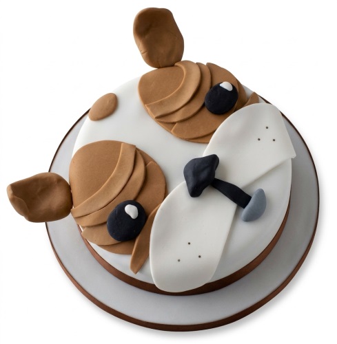 Round white fondant cake decorated as a cute dog's face with brown ears, black eyes, and a black nose.