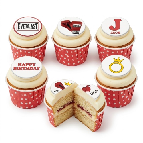 Six vanilla cupcakes with white frosting, red polka dot cases, and boxing themed edible toppers including Everlast logo, boxing gloves, and a custom message 'Happy Birthday' and name 'Jack'.