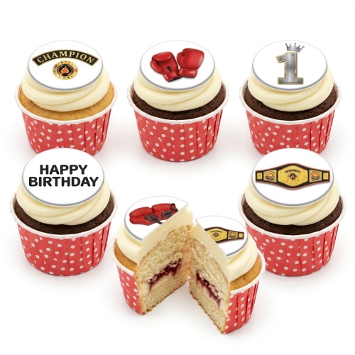 Boxing themed birthday cupcakes with red gloves, champion belt, and custom age topper.