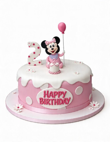 Round pink and white Minnie Mouse birthday cake with custom age topper and balloon.