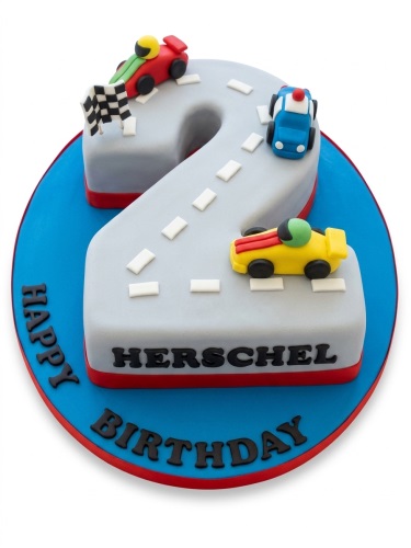 Number shaped cake decorated as a racing track with fondant cars and a checkered flag on a blue base.