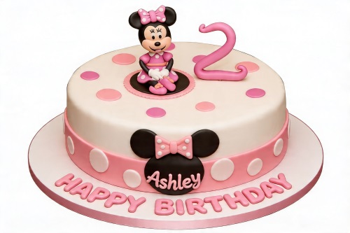 Round white and pink Minnie Mouse birthday cake with polka dots, custom age topper, and personalised name.