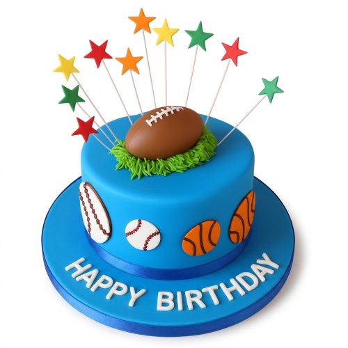 Blue sports theme birthday cake with American football, baseball, basketball, and colourful star toppers.