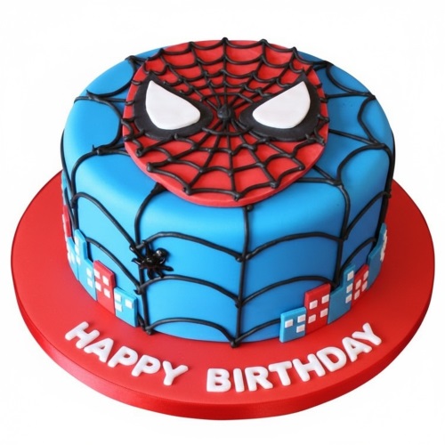 Round blue and red Spiderman birthday cake with web design and city skyline.