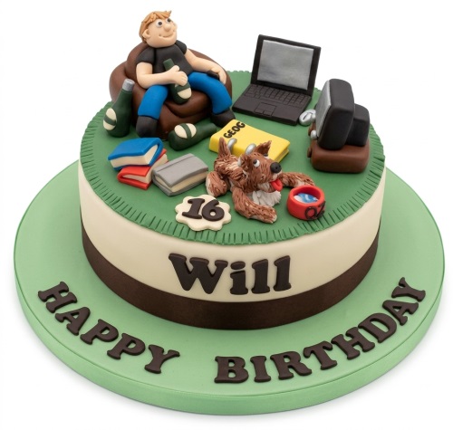 Round single-tier birthday cake with a man relaxing on a beanbag, laptop, TV, books, dog, and bottles, with a custom age topper and personalised name.