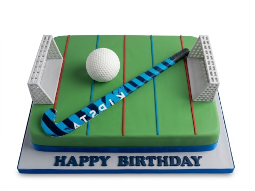 Rectangular green field hockey birthday cake with goals, ball, and stick on a white board with 'Happy Birthday'.