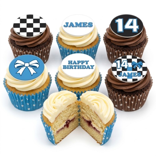 Racing theme birthday cupcakes with checkered flags, blue bows, and custom age toppers on vanilla and chocolate sponges.