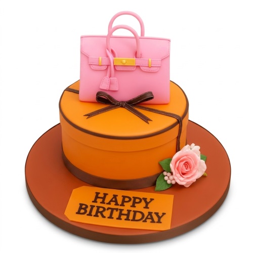 Pink designer-style handbag cake on an orange gift box with a pink rose and 'Happy Birthday' message.