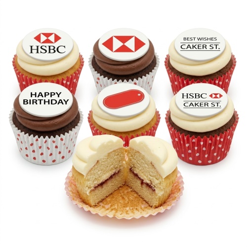 Assortment of personalised birthday cupcakes with corporate logos, "Happy Birthday" and "Best Wishes" messages.