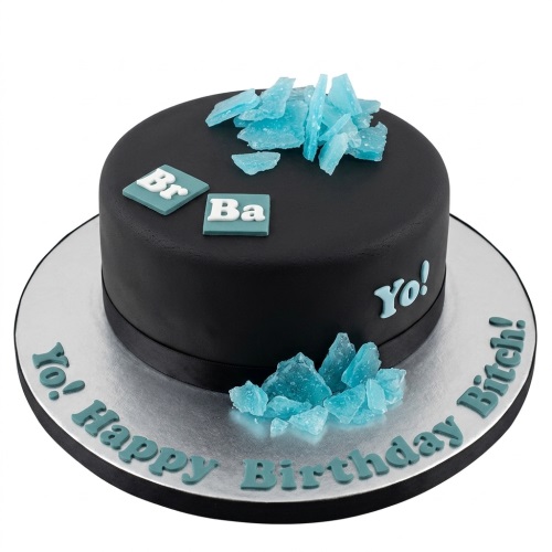 Black round cake with blue crystal decorations and 'Br Ba' chemical symbols, inspired by Breaking Bad.