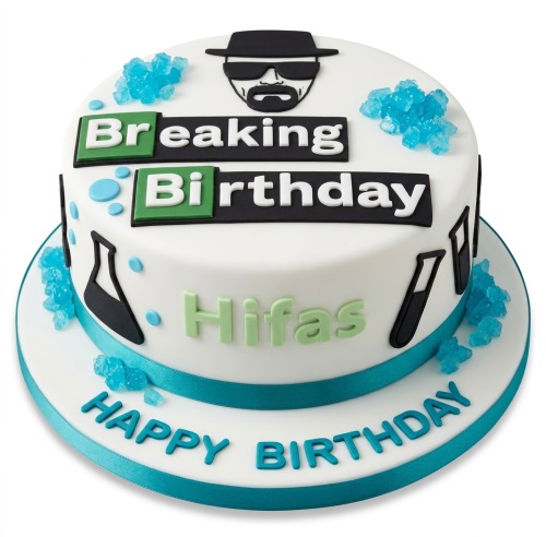 Round white Breaking Bad themed birthday cake with Walter White silhouette, 'Breaking Birthday' text, beakers, and blue crystals.