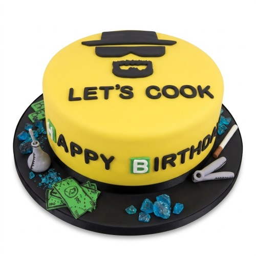 Yellow round cake with Breaking Bad theme, Walter White silhouette, 'Let's Cook', blue crystals, and money.
