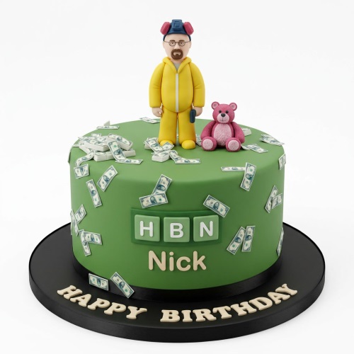 Green fondant cake with Breaking Bad character, pink teddy bear, and edible money.