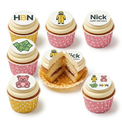 A set of personalised birthday cupcakes with custom edible toppers featuring a hazmat suit, money, a teddy bear, and a company logo.
