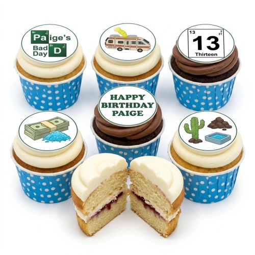 Breaking Bad themed cupcakes with various show-inspired edible toppers and custom age.