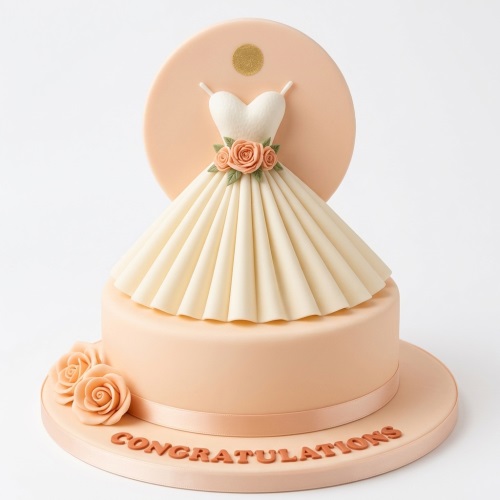 Elegant peach cake with cream wedding dress decoration, peach roses, and 'Congratulations' message.