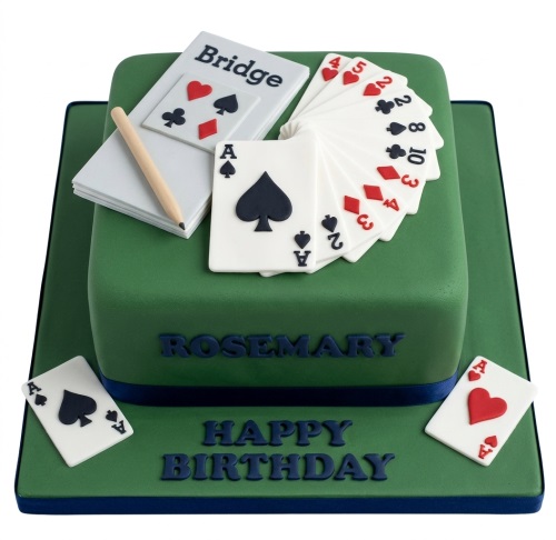Two-tier green bridge theme birthday cake with edible playing cards and a personalised message.