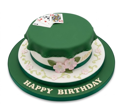 Two-tier green and white poker theme birthday cake with playing cards and pink flowers.