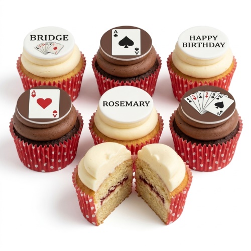 Selection of Bridge card game themed birthday cupcakes with playing card toppers and custom message examples.