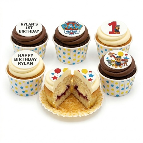 Paw Patrol themed cupcakes with character toppers, balloons, stars, and custom age example.