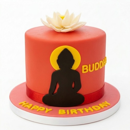 Round red Buddha theme birthday cake with black silhouette, yellow halo, and white lotus flower topper.