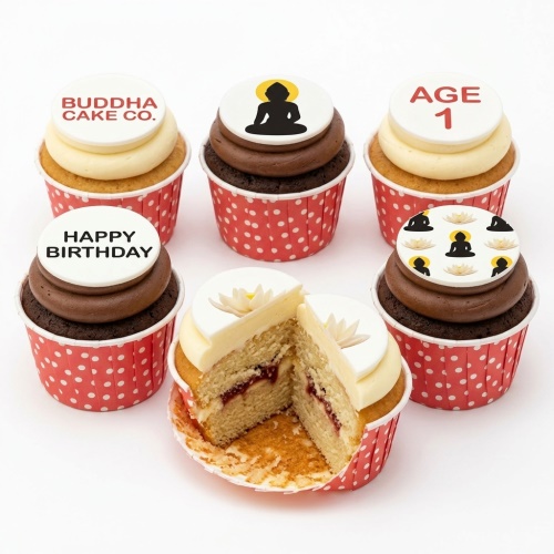 Buddha themed birthday cupcakes with lotus flowers and custom age/message toppers.