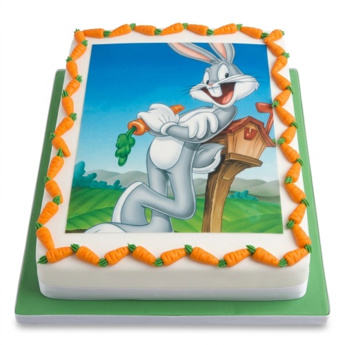 Rectangular Bugs Bunny birthday cake with edible image and carrot border.