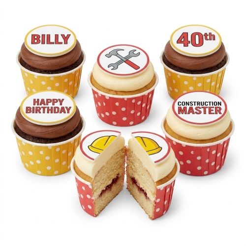 Six construction theme birthday cupcakes with hard hat, tools, and custom age and name toppers.