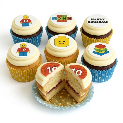 Lego building blocks themed cupcakes with character and brick toppers, ideal for a custom age birthday.