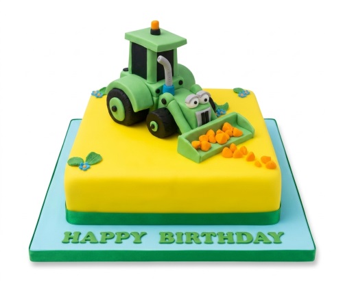 Green 3D tractor birthday cake on a yellow and blue board with 'Happy Birthday' message.