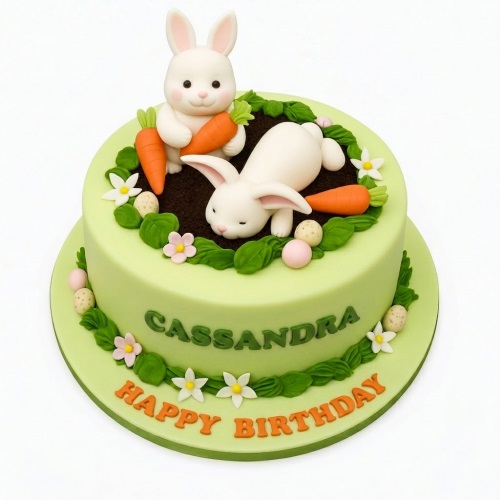 Light green birthday cake with two white fondant rabbits, carrots, and garden decorations. Features a custom name and 'Happy Birthday' message.