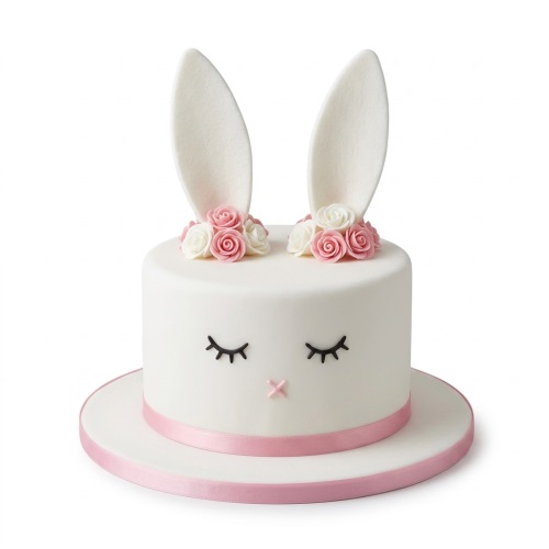 White bunny cake with pink and white roses, bunny ears, and a pink ribbon.