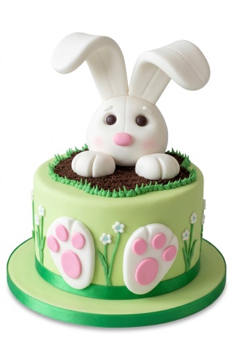 Cute green round cake with a white 3D bunny topper, edible dirt, grass, white flowers, and pink and white bunny paw prints.