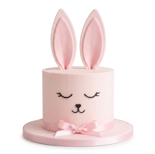Pink single-tier cake with bunny ears, sleepy eyes, and a small nose, tied with a pink ribbon.