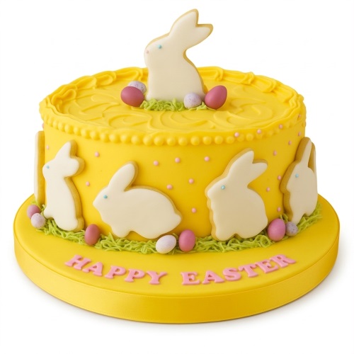 Yellow Easter cake with white bunny decorations, pastel eggs, and "Happy Easter" message.