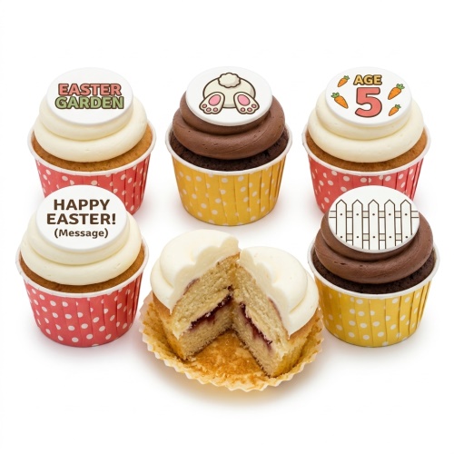 Easter themed cupcakes with bunny, fence, and custom age toppers on vanilla and chocolate frosting.