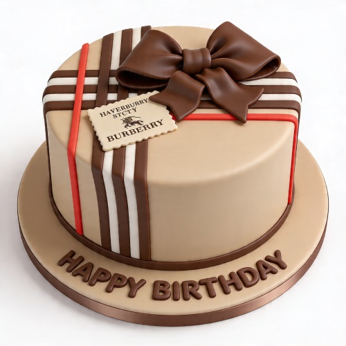 Round beige cake with brown and white stripes, red accents, a brown bow, a brand-style tag, and "Happy Birthday" on the board.