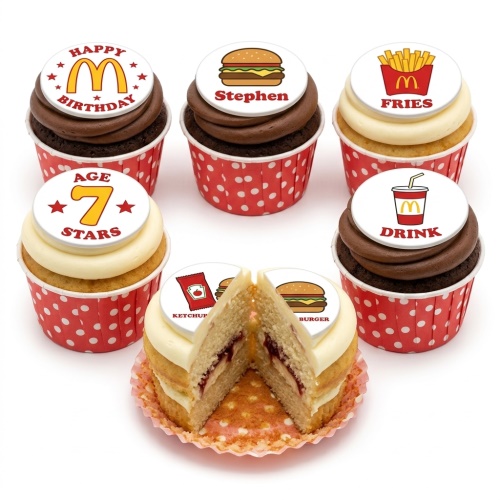 A set of McDonald's theme birthday cupcakes with fast food toppers and custom age and name examples.